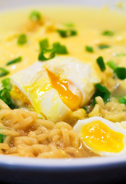 Photo of Roy Choi Ramen with green onions and poached egg