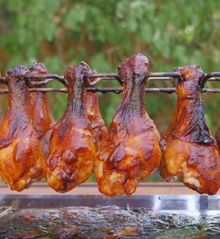Photo of the Best Smoked Chicken Legs Ever, with a Peach Whiskey Glaze