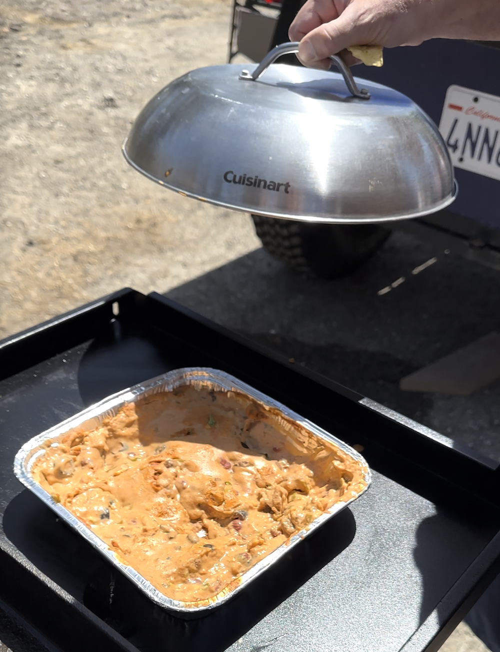 Bean Dip with refried beans on Camp Chef grill